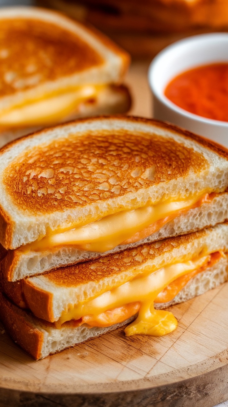 A crispy air fryer grilled cheese sandwich cut in half, revealing melted cheese, on a wooden board with tomato soup.